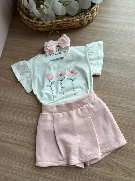CONJUNTO BLUSA MANGA CURTA TRES FLORES STRASS E SHORT SAIA MENINA PULLA BULLA