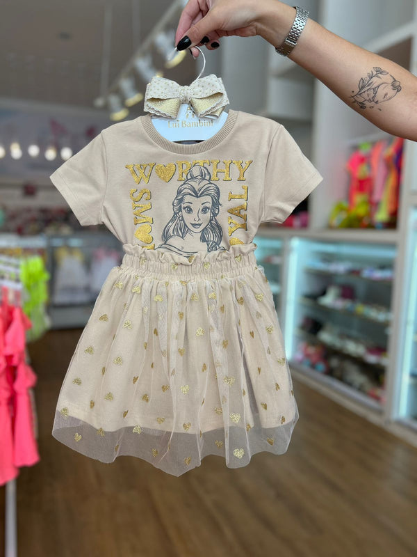 CONJUNTO BLUSA MANGA CURTA BELLE E SAIA TULE COM BRILHOS E CORAÇÕES MENINA MOMI
