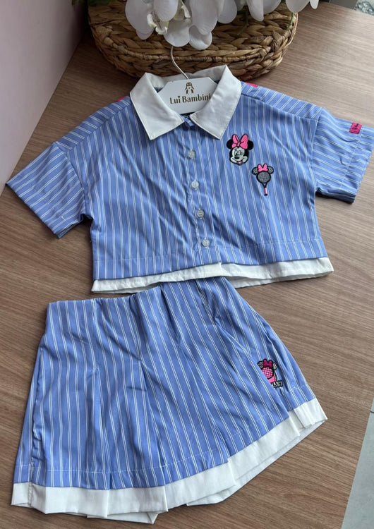 CONJUNTO CAMISA MANGA CURTA LISTRADO LIDER TORCIDA PATCH MINIMALISTA MINNIE E SHORT SAIA MENINA ANIMÊ