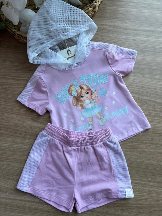CONJUNTO BLUSA MANGA CURTA CAPUZ GIRLS TEAM TENNIS ACADEMY E SHORT MENINA CINTI