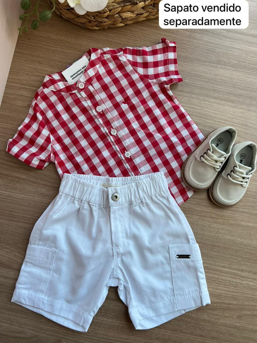 CONJUNTO CAMISA MANGA CURTA XADREZ BOTÕES E SHORT MENINO PRECOCE