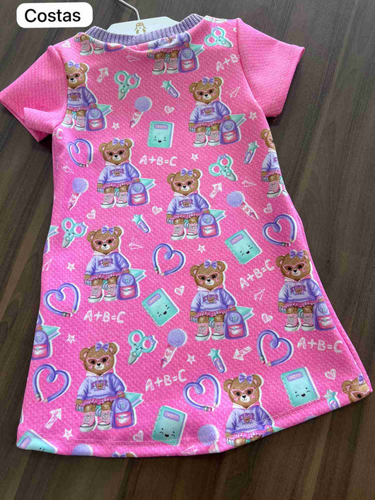 VESTIDO MANGA CURTA URSO STRASS ÓCULOS FLY TECH MENINA KUKIÊ