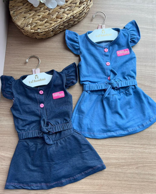 CONJUNTO BLUSA MANGA CURTA BABADO PATCH BOTÕES E SHORT SAIA MENINA HRRADINHOS