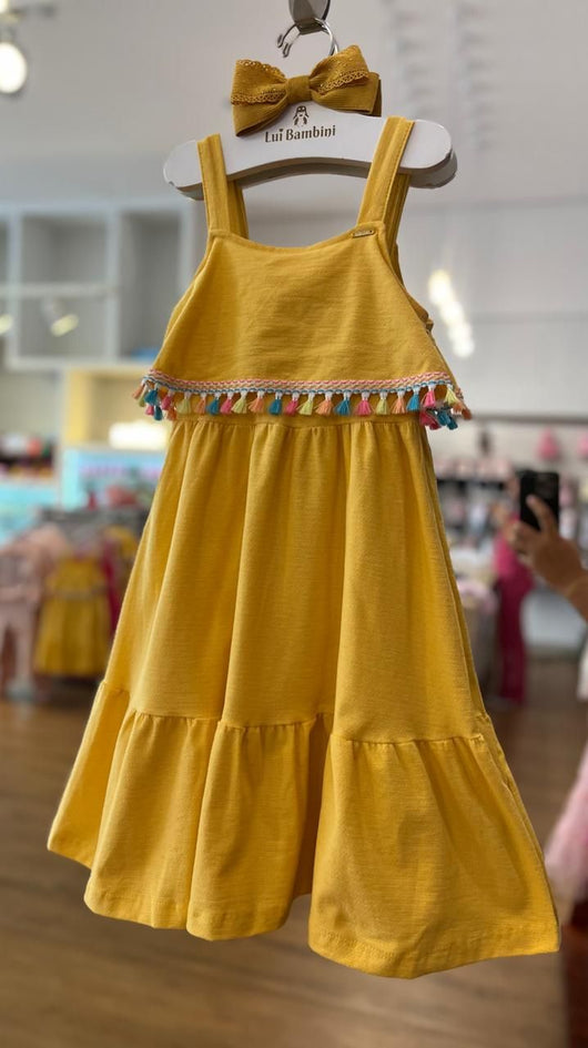 VESTIDO DE ALÇA EM MALHA FLORENCE COM SOBREPOSIÇÃO E BARBICACHOS MENINA FAKINI