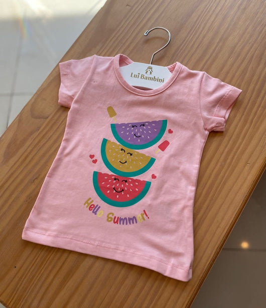 BLUSA MANGA CURTA EM MALHA MELANCIAS COM STRASS HELLO SUMMER MENINA BICHO BAGUNÇA