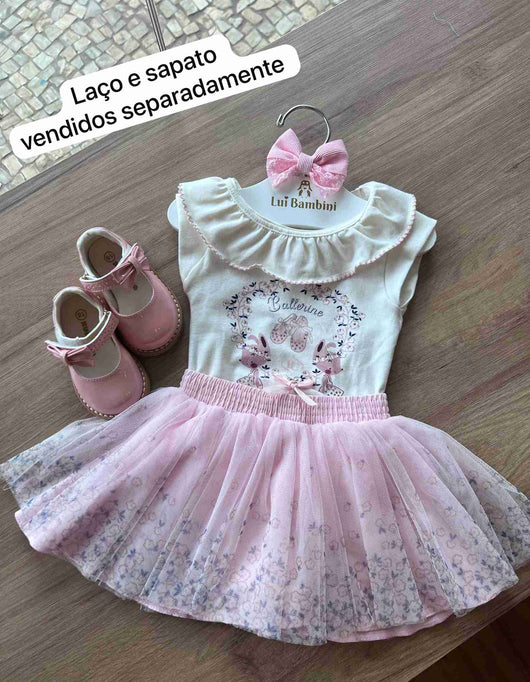 CONJUNTO BLUSA MANGA CURTA BALLERINE STRASS E SAIA TULE MENINA PETIT CHERIE