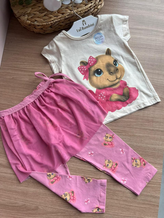 CONJUNTO PIJAMA BLUSA MANGA CURTA CAPIVARA SAIA TULE E CALÇA LEGGING MENINA ANGERÔ