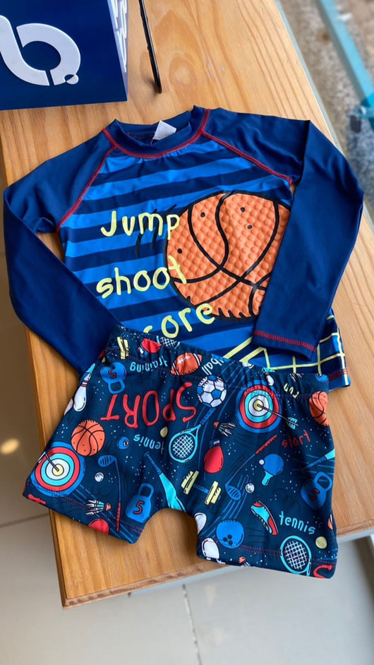CONJUNTO CAMISETA MANGA LONGA E SUNGA BOXER BASQUETE UV50+ MENINO TIP TOP PRO20