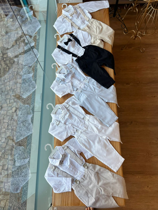 CONJUNTO BATIZADO BODY CAMISA BRANCO MANGA LONGA CALÇA SUSPENSORIO E GRAVATA MENINO POLO INFANTI