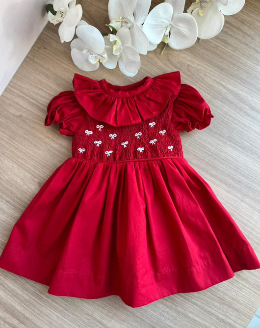 VESTIDO MANGA CURTA BUFANTE CASINHA DE ABELHA GOLA BABADO BORDADO LAÇOS MENINA LUI BAMBINI