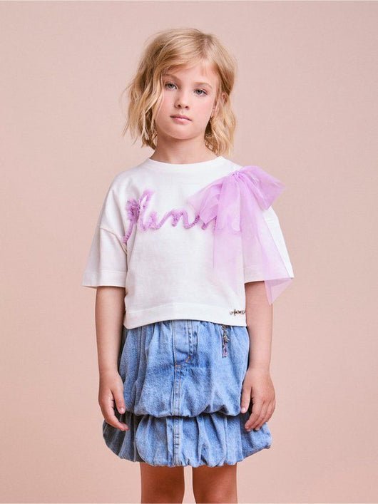 CONJUNTO BLUSA MANGA CURTA LAÇO TULE ESCRITA MINNIE E SAIA JEANS MENINA ANIMÊ