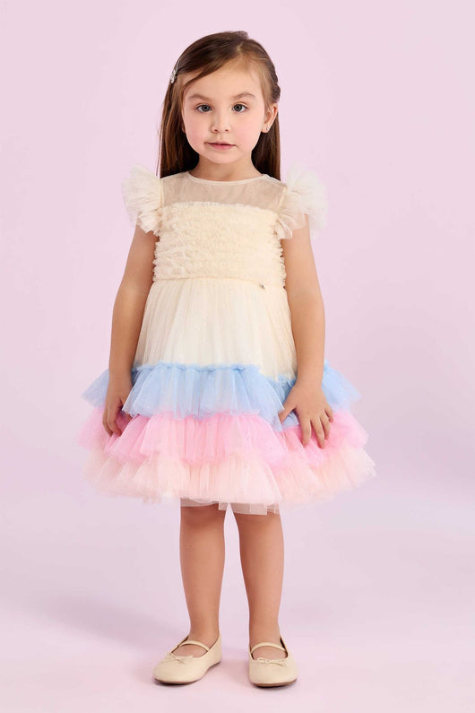 VESTIDO MANGA CURTA BABADO TULE GLITTER CORES ZÍPER MENINA PETIT CHERIE