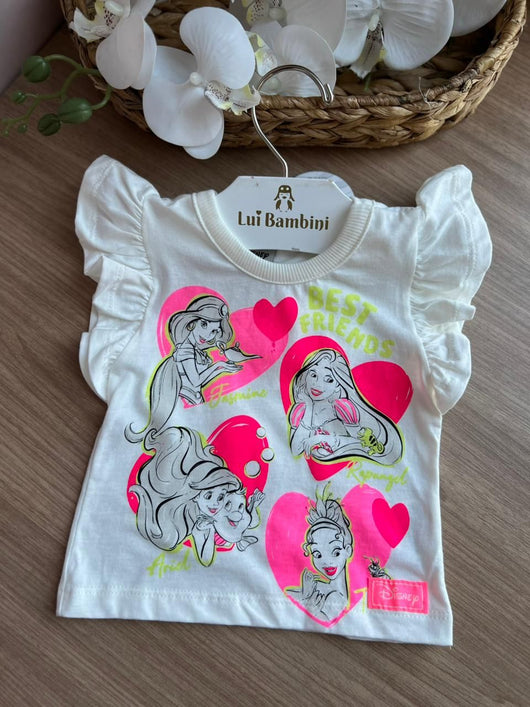 BLUSA MANGA CURTA BABADO PRINCESAS BEST FRIENDS MENINA BIMBI