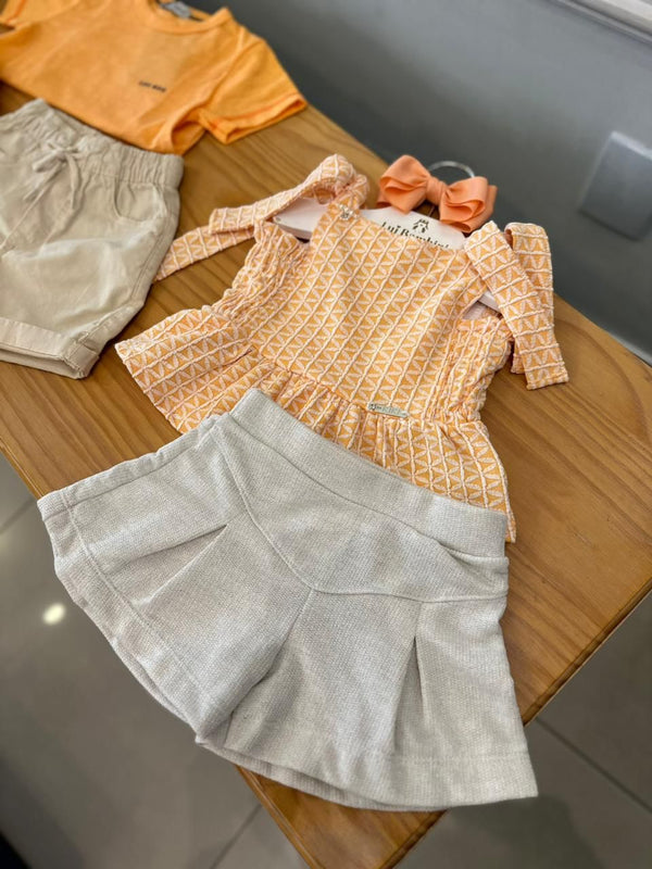 CONJUNTO BLUSA DE ALÇA AJUSTÁVEL PÉROLAS COM SHORT PLISSADO BRILHO MENINA KIKI XODO
