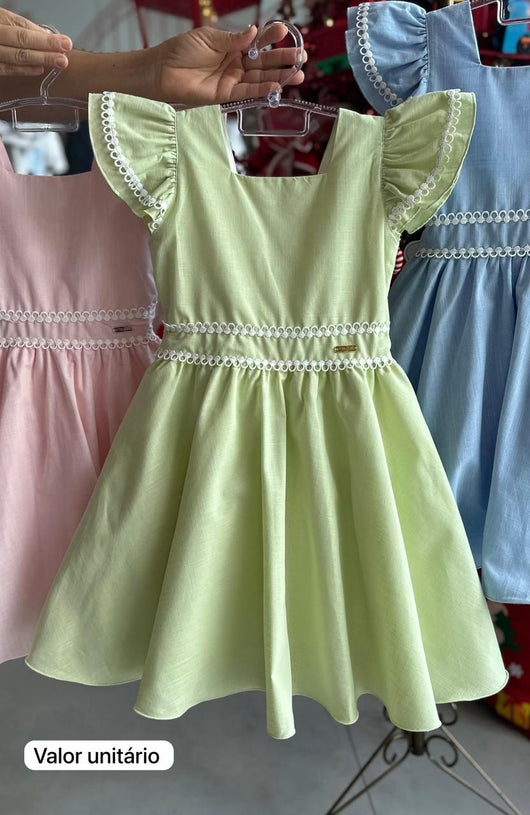 VESTIDO MANGA CURTA RENDA FLAME ABAS AMARRAÇÃO MENINA MON BELL