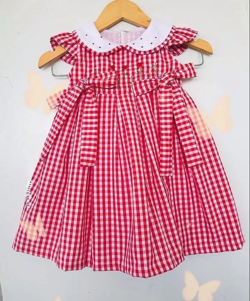 VESTIDO XADREZ COM GOLA BORDADA E LAÇOS MENINA LUI BAMBINI
