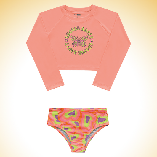 CONJUNTO BLUSA MANGA LONGA BORBOLETA E CALCINHA CORAÇÕES UV50+ MENINA FAKINI - BIQUINI PRAIA - BLUSA PROTECAO PRAIA MENINA - CONJUNTO PRAIA MENINA