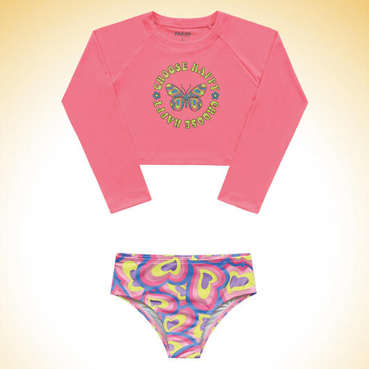 CONJUNTO BLUSA MANGA LONGA BORBOLETA E CALCINHA CORAÇÕES UV50+ MENINA FAKINI - BIQUINI PRAIA - BLUSA PROTECAO PRAIA MENINA - CONJUNTO PRAIA MENINA