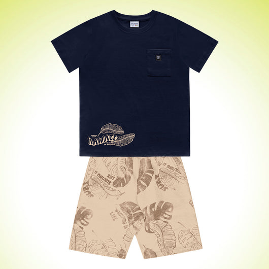 CONJUNTO CAMISETA MANGA CURTA BOLSO HAWAII COM BERMUDA FOLHAS SURF MENINO FAKINI - CONJUNTO INFANTIL MASCULINO - CONJUNTO MENINO - MENINO