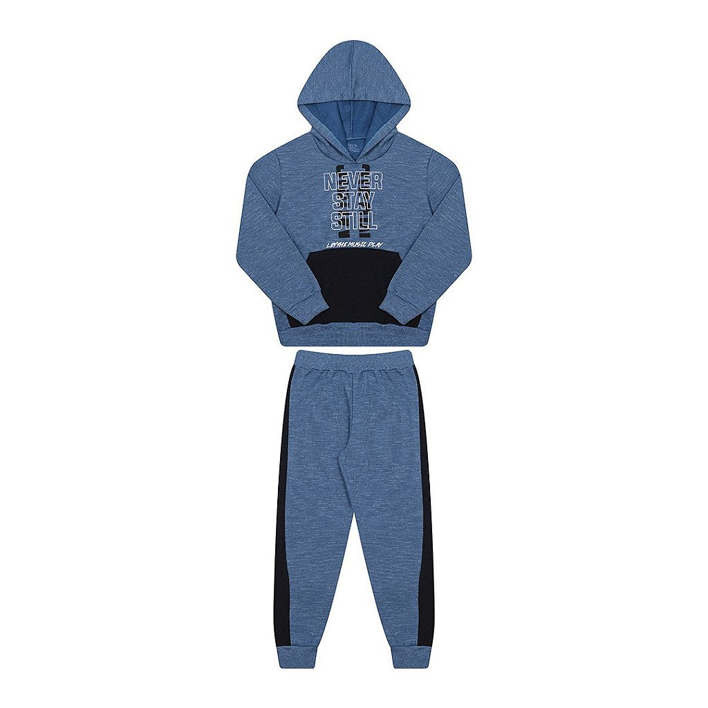 CONJUNTO MOLETOM MANGA LONGA CAPUZ E CALÇA NEVER STAY STILL MENINO BICHO BAGUNÇA