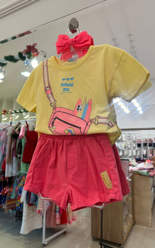 CONJUNTO BLUSA MANGA CURTA POCHETE UNICÓRNIO GLITTER COM SHORT SARJA MENINA FAKINI - CONJUNTO INFANTIL FEMININO - CONJUNTO MENINA - MENINA