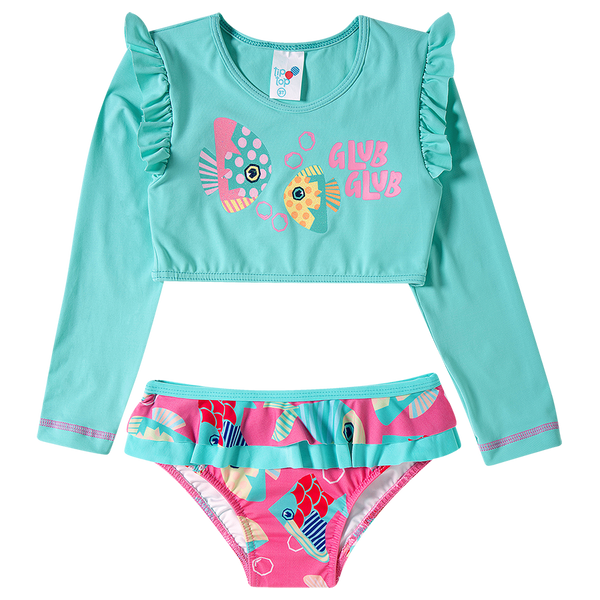CONJUNTO BLUSA MANGA LONGA BABADOS COM CALCINHA PEIXES GLITTER UV50+ MENINA TIP TOP
