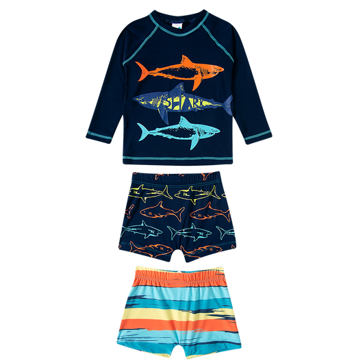 CONJUNTO BLUSA MANGA LONGA TUBARÃO COM 2 SUNGAS UV50+ MENINO TIP TOP - BLUSA PROTECAO PRAIA MENINO - CONJUNTO PRAIA MENINO - MENINO