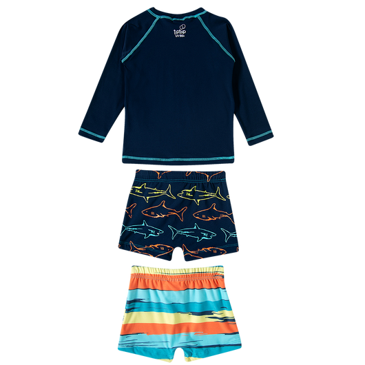 CONJUNTO BLUSA MANGA LONGA TUBARÃO COM 2 SUNGAS UV50+ MENINO TIP TOP - BLUSA PROTECAO PRAIA MENINO - CONJUNTO PRAIA MENINO - MENINO