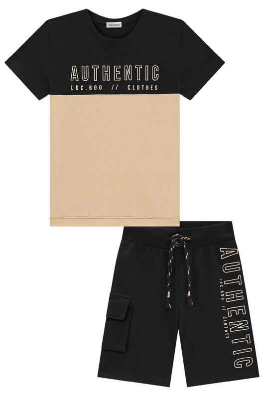 CONJUNTO CAMISETA MANGA CURTA E BERMUDA BOLSO CORDÃO AUTHENTIC MENINO LUC BOO - CONJUNTO INFANTIL MASCULINO - CONJUNTO MENINO - MENINO