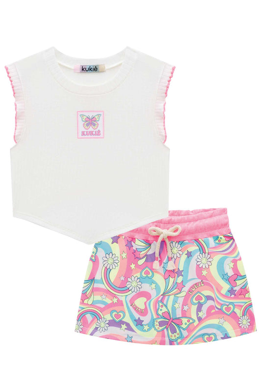 CONJUNTO BLUSA REGATA CANELADA E SHORT SAIA BORBOLETAS FLORES ESTRELAS MENINA KUKIE - CONJUNTO INFANTIL FEMININO - CONJUNTO MENINA - MENINA