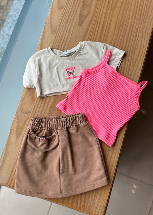 CONJUNTO BLUSA MANGA CURTA COM REGATA CANELADA E SHORT SAIA BORBOLETA MENINA FAKINI - CONJUNTO INFANTIL FEMININO - CONJUNTO MENINA - MENINA
