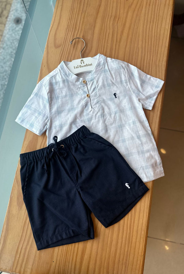 CONJUNTO BATA MANGA CURTA XADREZ COM BERMUDA LINHO BOLSO CORDÃO MENINO ONDA MARINHA - CONJUNTO INFANTIL MASCULINO - CONJUNTO MENINO - MENINO