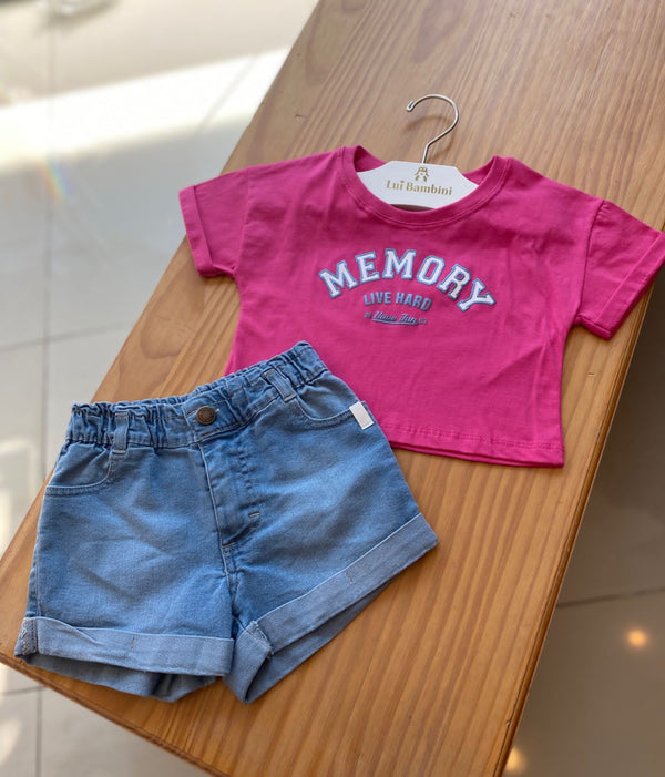 CONJUNTO BLUSA MANGA CURTA MEMORY E SHORT JEANS BARRA DOBRADA MENINA HAVE FUN - CONJUNTO INFANTIL FEMININO - CONJUNTO MENINA - MENINA