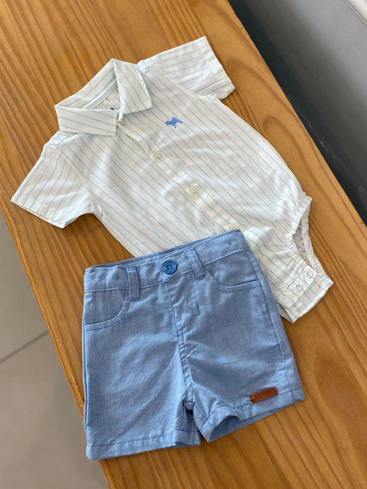 CONJUNTO BODY CAMISA MANGA CURTA LISTRADO COM BORDADO E BERMUDA BOLSO MENINO CHARPEY - CAMISA MENINO - CONJUNTO INFANTIL MASCULINO - CONJUNTO MENINO