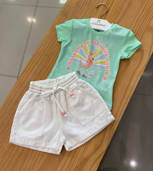 CONJUNTO BLUSA MANGA CURTA CANELADA FLAMINGO COM SHORT LISTRAS E BOLSO MENINA KUKIE - CONJUNTO INFANTIL FEMININO - CONJUNTO MENINA - MENINA