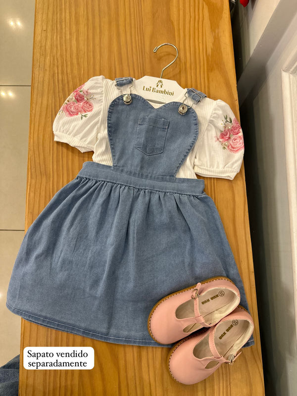 CONJUNTO BLUSA MANGA CURTA CANELADA FLOR PÉROLA E STRASS COM SALOPETE MENINA INFANTI - CONJUNTO INFANTIL FEMININO - CONJUNTO MENINA - MENINA