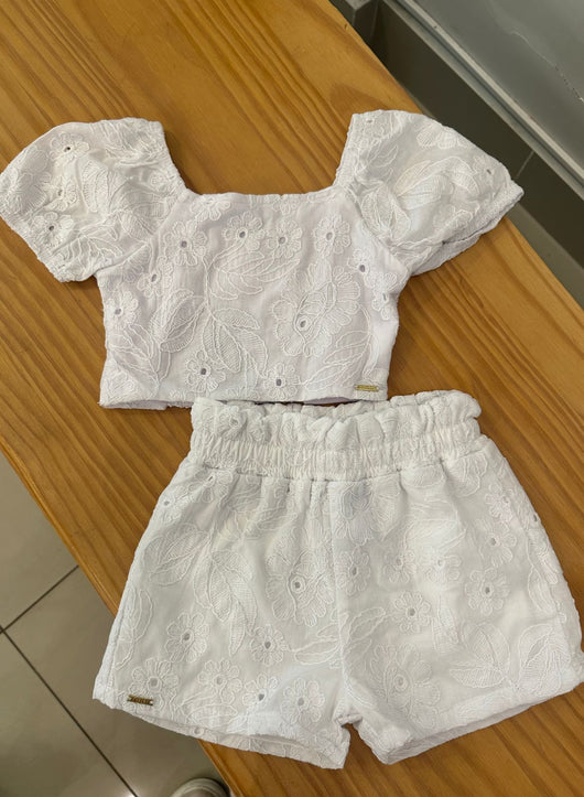CONJUNTO BLUSA MANGA CURTA LAISE COM SHORT BORDADO FLORAL MENINA FAKINI - CONJUNTO INFANTIL FEMININO - CONJUNTO MENINA - MENINA