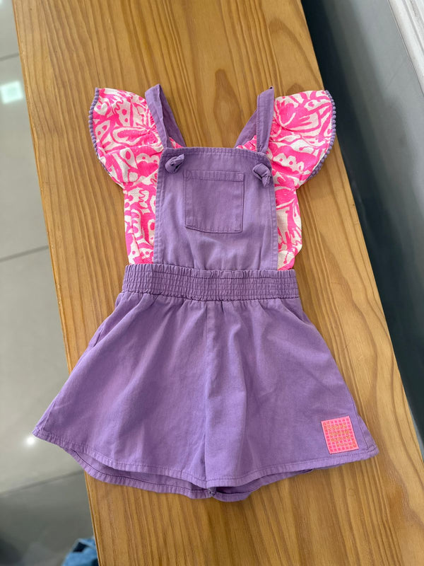 CONJUNTO BLUSA MANGA CURTA EVASÊ POMPOM BORBOLETAS COM MACACÃO ALÇA BOLSO MENINA FAKINI - CONJUNTO INFANTIL FEMININO - CONJUNTO MENINA - MENINA