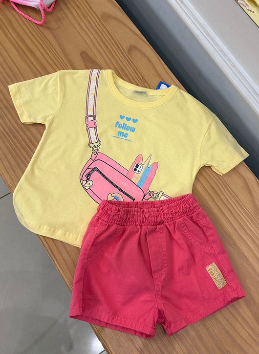 CONJUNTO BLUSA MANGA CURTA POCHETE UNICÓRNIO GLITTER COM SHORT SARJA MENINA FAKINI - CONJUNTO INFANTIL FEMININO - CONJUNTO MENINA - MENINA