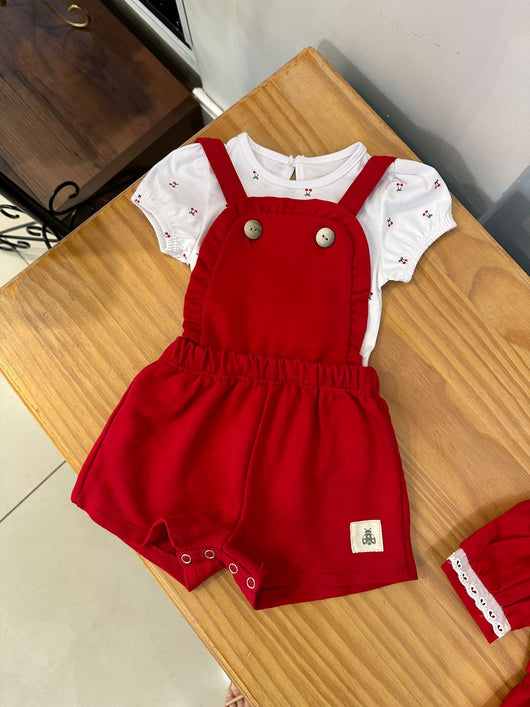 CONJUNTO BLUSA MANGA CURTA CEREJINHAS COM JARDINEIRA BABADOS MENINA SOMNII - CONJUNTO INFANTIL FEMININO - CONJUNTO MENINA - MENINA