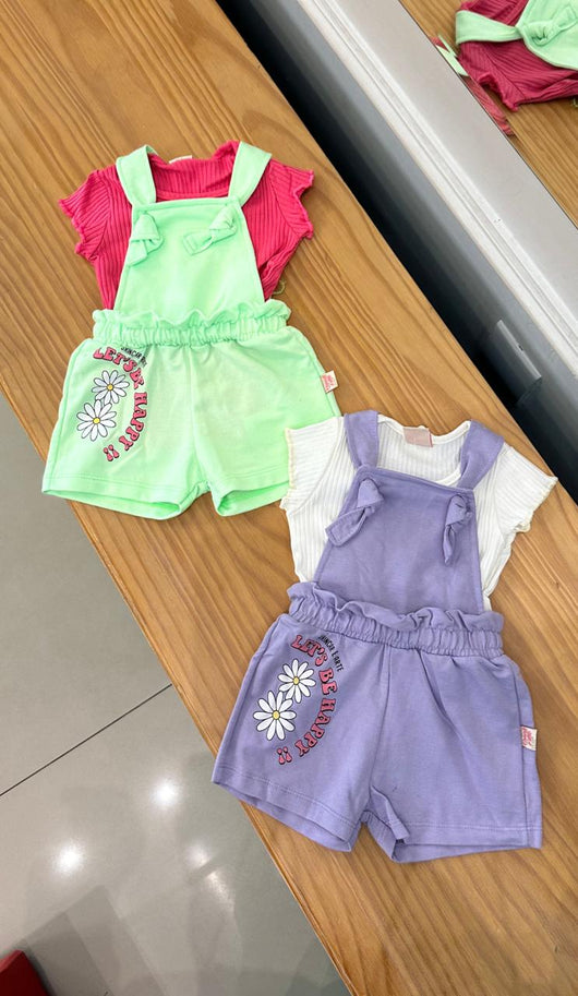 CONJUNTO BLUSA MANGA CURTA CANELADA LISA E JARDINEIRA BABADOS FLORAL MENINA BRINCAR - CONJUNTO MENINA - JARDINEIRA E SALOPETE MENINA - MENINA