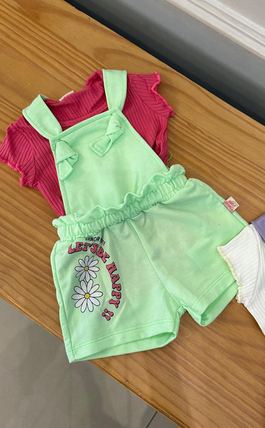 CONJUNTO BLUSA MANGA CURTA CANELADA LISA E JARDINEIRA BABADOS FLORAL MENINA BRINCAR - CONJUNTO MENINA - JARDINEIRA E SALOPETE MENINA - MENINA