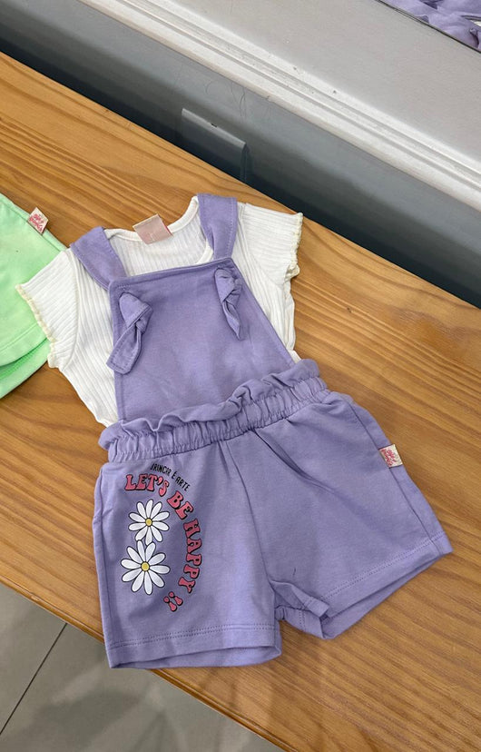 CONJUNTO BLUSA MANGA CURTA CANELADA LISA E JARDINEIRA BABADOS FLORAL MENINA BRINCAR - CONJUNTO MENINA - JARDINEIRA E SALOPETE MENINA - MENINA