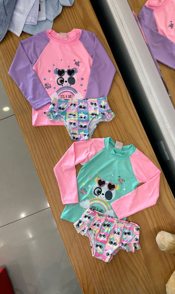 CONJUNTO BLUSA MANGA LONGA COM CALCINHA BABADO URSINHAS UV50+ MENINA BRINCAR - BIQUINI PRAIA - BLUSA PROTECAO PRAIA MENINA - CONJUNTO PRAIA MENINA