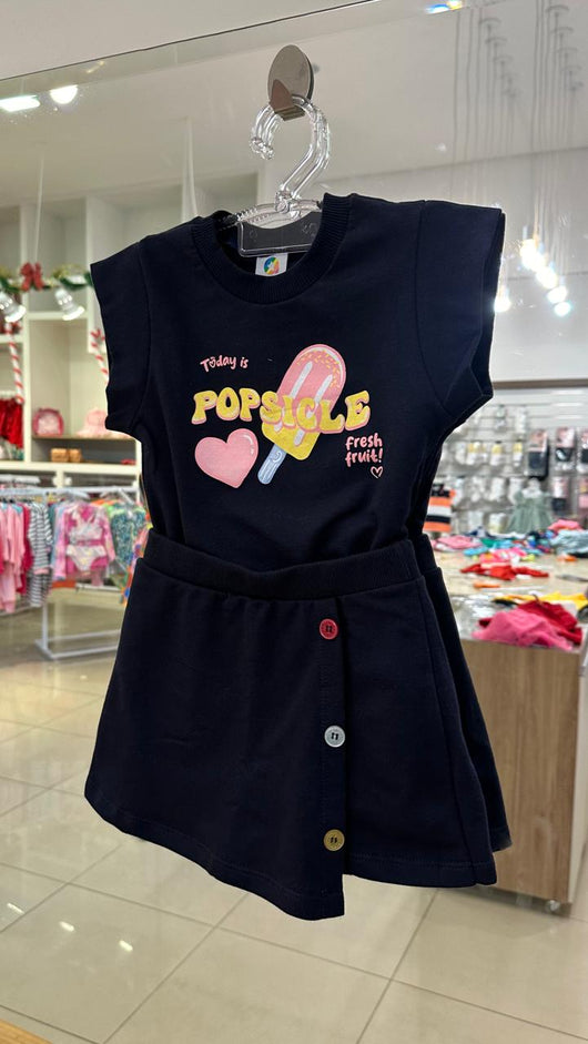 CONJUNTO BLUSA MANGA CURTA PICOLÉ E CORAÇÃO E SHORT SAIA BOTÕES MENINA ALENICE - CONJUNTO INFANTIL FEMININO - CONJUNTO MENINA - MENINA