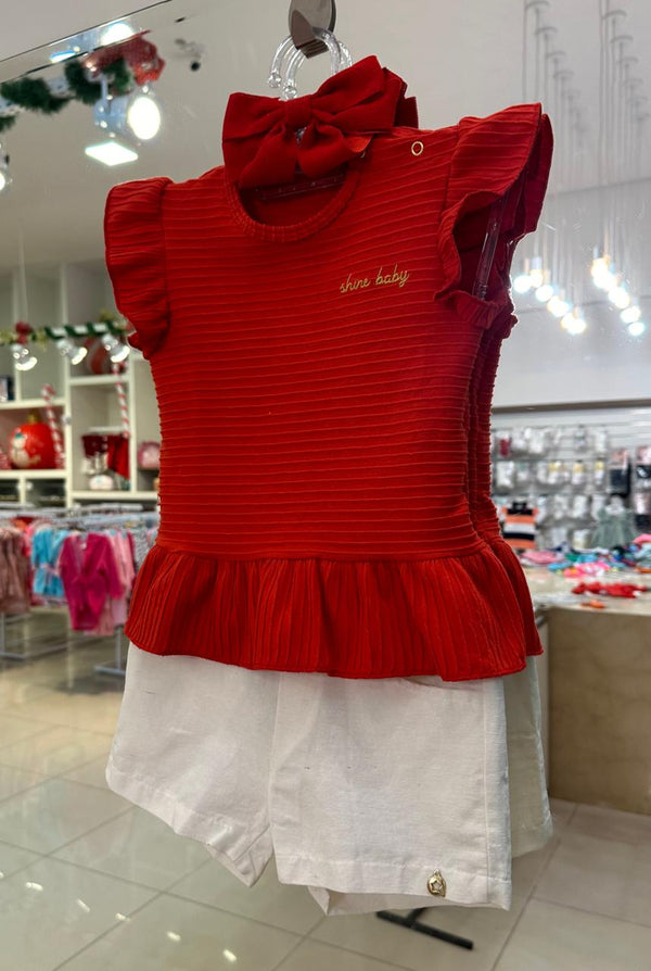 CONJUNTO BLUSA MANGA CURTA PLISSADA SHINE COM BORDADO E SHORT SARJA MENINA ALENICE - CONJUNTO MENINA - MENINA - MODA INFANTIL MENINA
