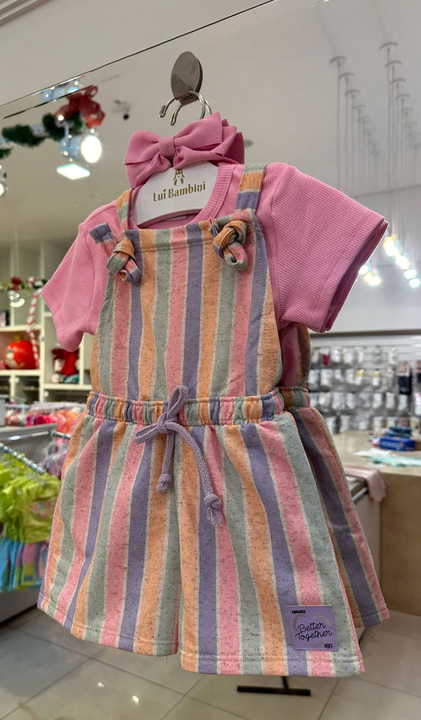 CONJUNTO BLUSA MANGA CURTA CANELADA COM JARDINEIRA LISTRADA COLORIDA MENINA ABRANGE - CONJUNTO INFANTIL FEMININO - CONJUNTO MENINA - MENINA