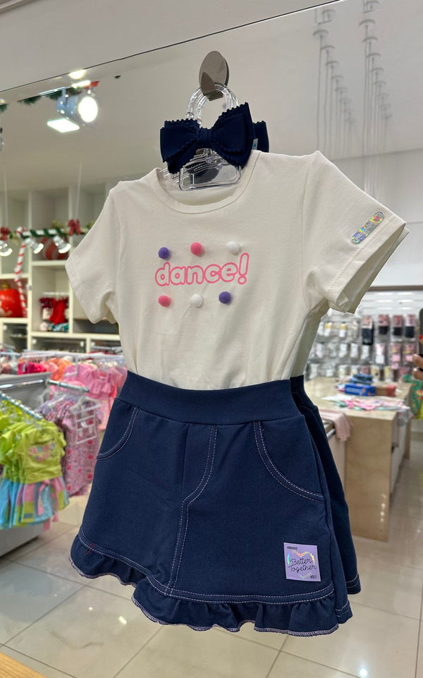 CONJUNTO BLUSA MANGA CURTA DANCE POMPOM COM SHORT SAIA JEANS MENINA ABRANGE - CONJUNTO INFANTIL FEMININO - CONJUNTO MENINA - MENINA