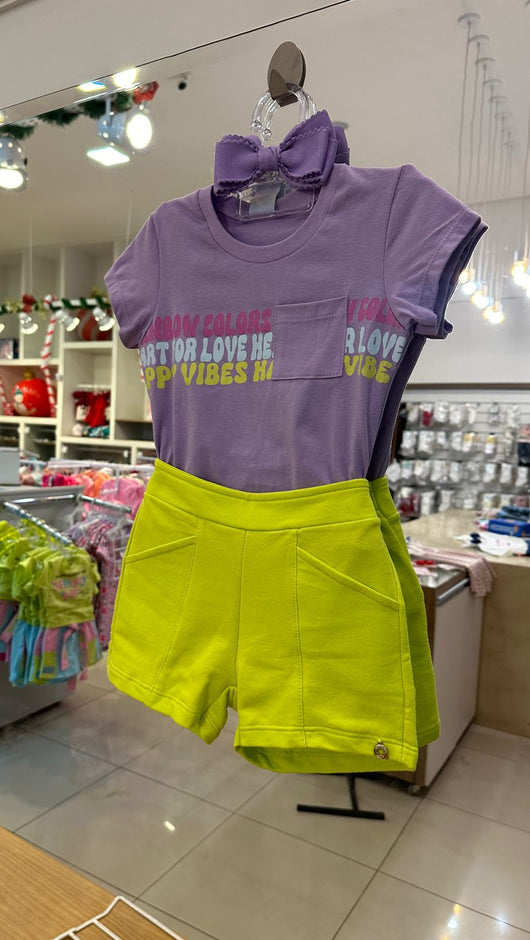 CONJUNTO BLUSA MANGA CURTA BOLSO RAINBOW COLORS COM SHORT MOLETOM MENINA ALENICE - CONJUNTO INFANTIL FEMININO - CONJUNTO MENINA - MENINA