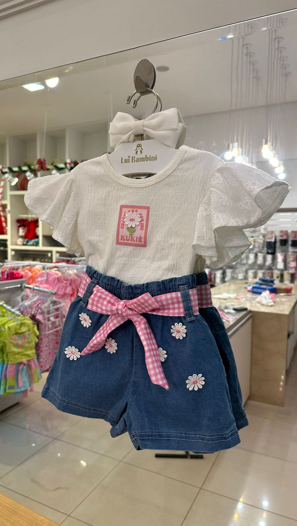 CONJUNTO BLUSA BOXY MANGA CURTA LAISE COM SHORT JEANS FLORES BORDADAS MENINA KUKIE